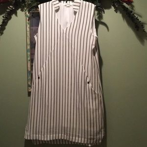 White Sleeveless dress with black pinstripes